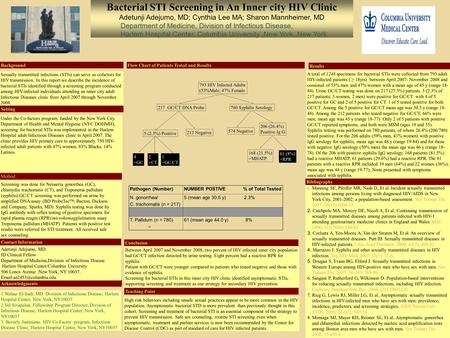 Bacterial STI Screening in An Inner city HIV Clinic Adetunji Adejumo, MD; Cynthia Lee MA; Sharon Mannheimer, MD Department of Medicine, Division of Infectious.