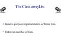 The Class arrayList General purpose implementation of linear lists. Unknown number of lists.