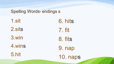 Spelling Words- endings s 1.sit 2.sits 3.win 4.wins 5.hit 6. hits 7. fit 8. fits 9. nap 10. naps.