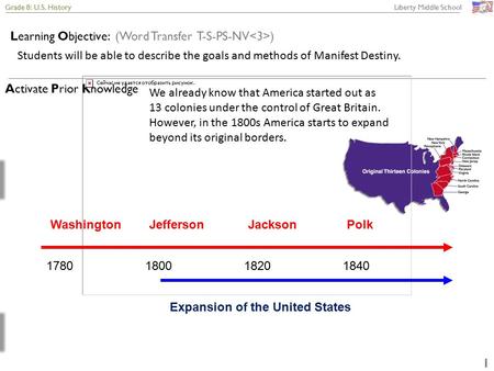 Grade 8: U.S. History Liberty Middle School 1 Learning Objective: (Word Transfer T-S-PS-NV ) Activate Prior Knowledge Students will be able to describe.