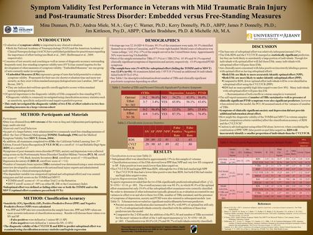 Symptom Validity Test Performance in Veterans with Mild Traumatic Brain Injury and Post-traumatic Stress Disorder: Embedded versus Free-Standing Measures.