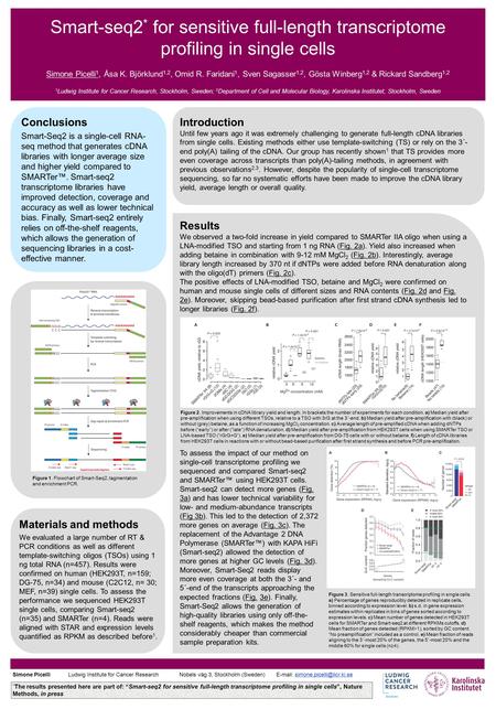 Conclusions Smart-Seq2 is a single-cell RNA- seq method that generates cDNA libraries with longer average size and higher yield compared to SMARTer™. Smart-seq2.