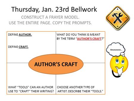 Thursday, Jan. 23rd Bellwork CONSTRUCT A FRAYER MODEL. USE THE ENTIRE PAGE. COPY THE PROMPTS. AUTHOR’S CRAFT DEFINE AUTHOR. WHAT DO YOU THINK IS MEANT.