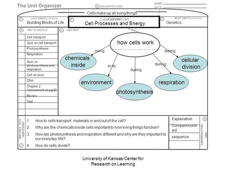 University of Kansas/Center for Research on Learning NAME DATE The Unit Organizer BIGGER PICTURE LAST UNIT/Experience CURRENT UNIT NEXT UNIT/Experience.