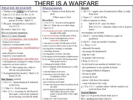 THERE IS A WARFARE WHAT YOU MUST KNOW 1. Warfare is the NORM for all believers – Luke 22:1-33; Eccl 3:8; Rev 12:10 2. Our enemy is Satan, not a particular.