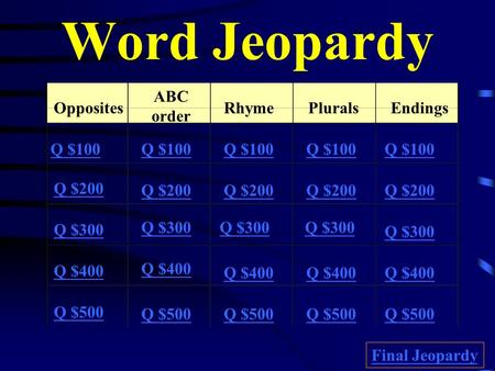 Word Jeopardy Opposites ABC order RhymePluralsEndings Q $100 Q $200 Q $300 Q $400 Q $500 Q $100 Q $200 Q $300 Q $400 Q $500 Final Jeopardy.