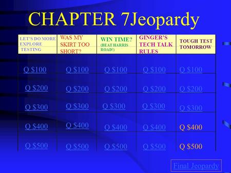 CHAPTER 7Jeopardy LET’S DO MORE EXPLORE TESTING WAS MY SKIRT TOO SHORT? WIN TIME? (BEAT HARRIS ROAD!) GINGER’S TECH TALK RULES Q $100 Q $200 Q $300 Q.