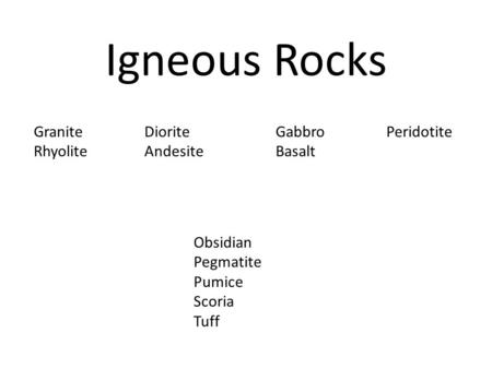 Igneous Rocks Granite Rhyolite Diorite Andesite Gabbro Basalt