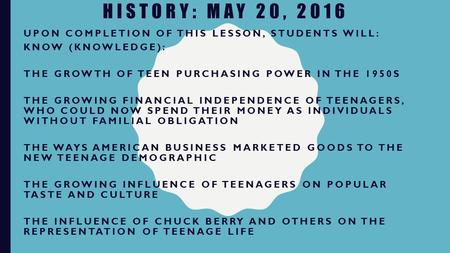 HISTORY: MAY 20, 2016 UPON COMPLETION OF THIS LESSON, STUDENTS WILL: KNOW (KNOWLEDGE): THE GROWTH OF TEEN PURCHASING POWER IN THE 1950S THE GROWING FINANCIAL.