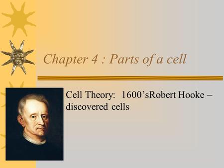 Chapter 4 : Parts of a cell Cell Theory: 1600’sRobert Hooke – discovered cells.