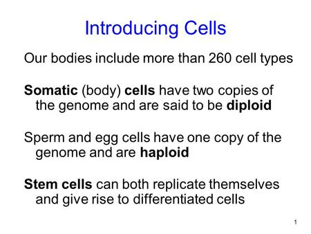 1 Introducing Cells Our bodies include more than 260 cell types Somatic (body) cells have two copies of the genome and are said to be diploid Sperm and.