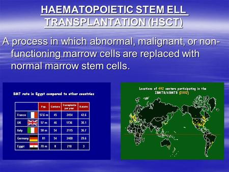 HAEMATOPOIETIC STEM ELL TRANSPLANTATION (HSCT) A process in which abnormal, malignant, or non- functioning marrow cells are replaced with normal marrow.