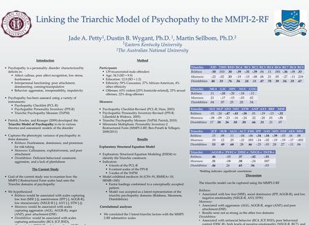 Linking the Triarchic Model of Psychopathy to the MMPI-2-RF Jade A. Petty 1, Dustin B. Wygant, Ph.D. 1, Martin Sellbom, Ph.D. 2 1 Eastern Kentucky University.