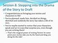 Session 8: Stepping into the Drama of the Story to Draft Congratulations on bringing your stories and characters to life! You’ve planned, made lists, decided.