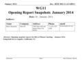Doc.: IEEE 802.11-13/1485r1 Submission January 2014 WG11 Opening Report Snapshots January 2014 Date: 10 – January -2014 Authors: Bruce Kraemer, MarvellSlide.