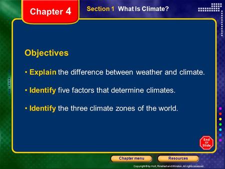 Copyright © by Holt, Rinehart and Winston. All rights reserved. ResourcesChapter menu Section 1 What Is Climate? Objectives Explain the difference between.