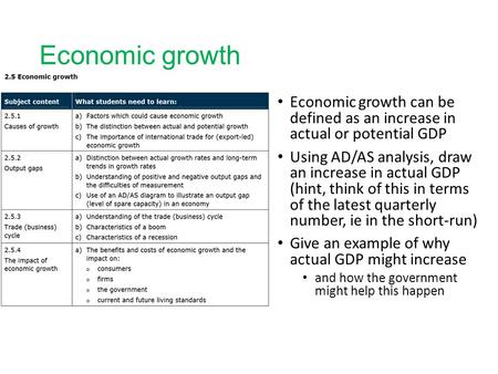 Economic growth Economic growth can be defined as an increase in actual or potential GDP Using AD/AS analysis, draw an increase in actual GDP (hint,