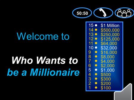 15 14 13 12 11 10 9 8 7 6 5 4 3 2 1 $1 Million $500,000 $250,000 $125,000 $64,000 $32,000 $16,000 $8,000 $4,000 $2,000 $1,000 $500 $300 $200 $100 Welcome.