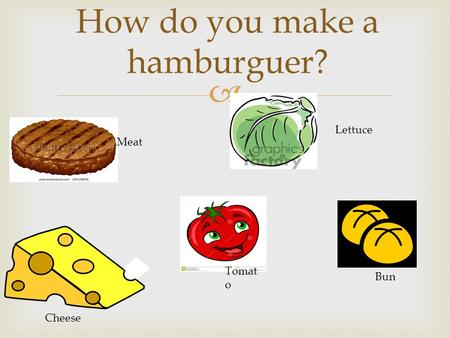  How do you make a hamburguer? Meat Bun Lettuce Tomat o Cheese.