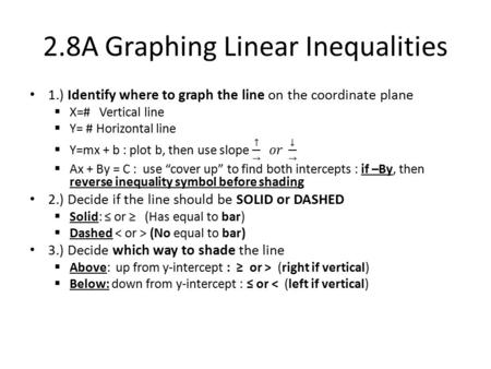 2.8A Graphing Linear Inequalities. Table for inequality Graphing Line type Shading SolidDashed Above (right if ↕) ≥ > Below (left if ↕) ≤ 