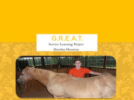 Service Learning Project Heather Houston. Equine assisted therapy is the act of using horses in order to elicit a therapeutic response from people with.