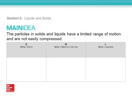 The particles in solids and liquids have a limited range of motion and are not easily compressed. Section 3: Liquids and Solids K What I Know W What I.