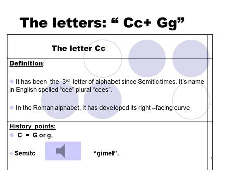 1 The letters: “ Cc+ Gg” The letter Cc Definition : It has been the 3 rd letter of alphabet since Semitic times. It’s name in English spelled “cee” plural.