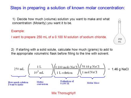 Steps in preparing a solution of known molar concentration: 250 mL 1) Decide how much (volume) solution you want to make and what concentration (Molarity)