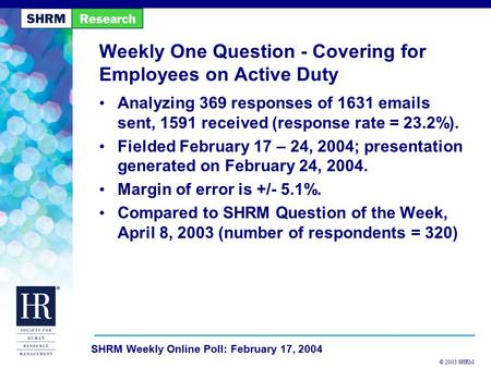 © 2003 SHRM SHRM Weekly Online Poll: February 17, 2004 Weekly One Question - Covering for Employees on Active Duty Analyzing 369 responses of 1631 emails.