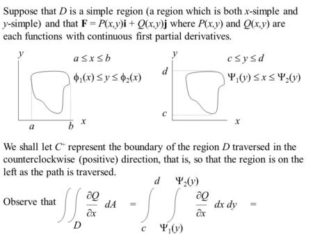 Suppose that D is a simple region (a region which is both x-simple and y-simple) and that F = P(x,y)i + Q(x,y)j where P(x,y) and Q(x,y) are each functions.