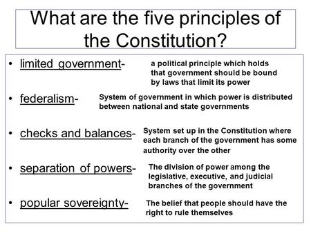 Limited government- federalism- checks and balances- separation of powers- popular sovereignty- What are the five principles of the Constitution? The belief.