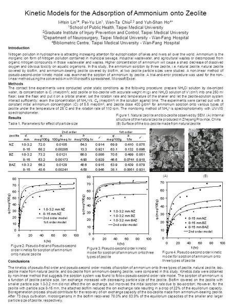 Kinetic Models for the Adsorption of Ammonium onto Zeolite I-Hsin Lin 1#, Pei-Yu Lin 1, Wen-Ta Chiu 2,3 and Yuh-Shan Ho 4 * 1 School of Public Health,