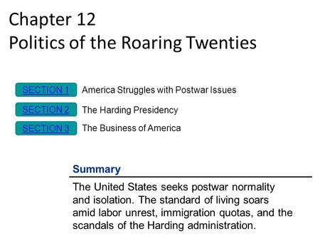 Chapter 12 Politics of the Roaring Twenties Summary The United States seeks postwar normality and isolation. The standard of living soars amid labor unrest,