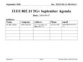 Doc.: IEEE 802.11-08/1041r1 Submission September 2008 Dorothy Stanley, Aruba NetworksSlide 1 IEEE 802.11 TGv September Agenda Date: 2008-09-07 Authors: