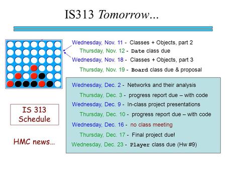 IS313 Tomorrow… Wednesday, Nov. 11 - Classes + Objects, part 2 Wednesday, Nov. 18 - Classes + Objects, part 3 Thursday, Nov. 12 - Date class due Thursday,