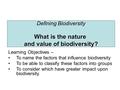 Defining Biodiversity What is the nature and value of biodiversity? Learning Objectives – To name the factors that influence biodiversity To be able to.