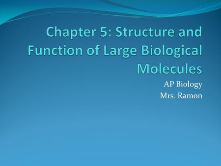 AP Biology Mrs. Ramon. The Molecules of Life Macromolecules LARGE molecules Four classes: 1. Carbohydrates 2. Lipids (Fats) 3. Proteins 4. Nucleic Acids.