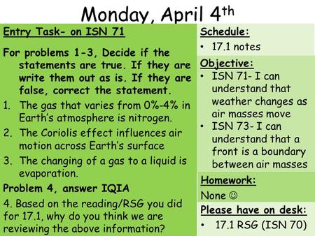 Monday, April 4 th Entry Task- on ISN 71 For problems 1-3, Decide if the statements are true. If they are write them out as is. If they are false, correct.