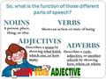 So, what is the function of those different parts of speech? A person, place, thing, or idea Shows an action or state of being Describes a noun by showing.