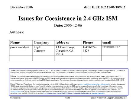 Doc.: IEEE 802.11-06/1899r1 Submission December 2006 james woodyatt / Apple Computer, Inc.Slide 1 Issues for Coexistence in 2.4 GHz ISM Notice: This document.