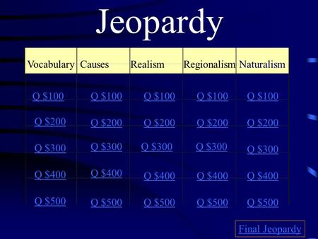 Jeopardy VocabularyCausesRealismRegionalismNaturalism Q $100 Q $200 Q $300 Q $400 Q $500 Q $100 Q $200 Q $300 Q $400 Q $500 Final Jeopardy.