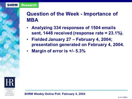 © 2003 SHRM SHRM Weekly Online Poll: February 4, 2004 Question of the Week - Importance of MBA Analyzing 334 responses of 1504 emails sent, 1448 received.