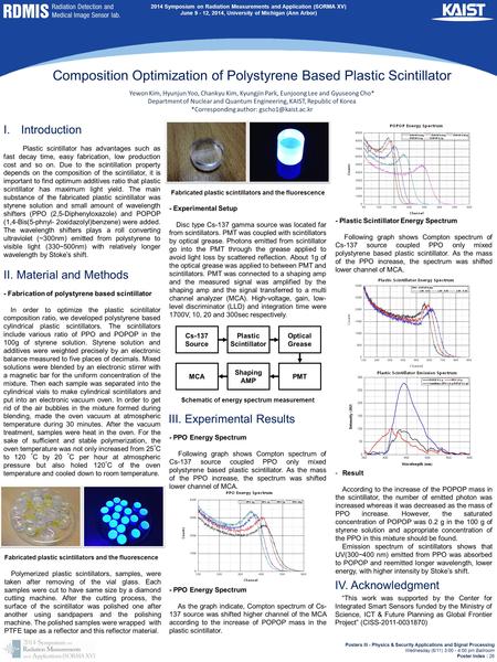 RDMIS Radiation Detection and Medical Image Sensor lab. Composition Optimization of Polystyrene Based Plastic Scintillator Yewon Kim, Hyunjun Yoo, Chankyu.