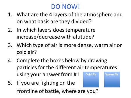 DO NOW! 1.What are the 4 layers of the atmosphere and on what basis are they divided? 2.In which layers does temperature increase/decrease with altitude?