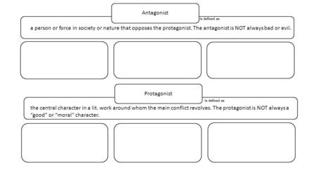 Is defined as Antagonist Protagonist a person or force in society or nature that opposes the protagonist. The antagonist is NOT always bad or evil. the.