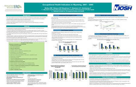 Occupational Health Indicators in Wyoming, 2001 – 2005 Mulloy KB 1, Stinson KS 1,Boudreau Y 2, Newman LS 1, Helmkamp J 2 1 – Mountain and Plains Education.