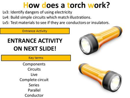 Lv3: Identify dangers of using electricity Lv4: Build simple circuits which match illustrations. Lv5: Test materials to see if they are conductors or insulators.