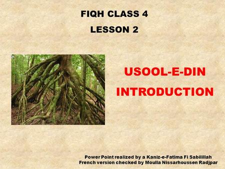 FIQH CLASS 4 LESSON 2 USOOL-E-DIN INTRODUCTION Power Point realized by a Kaniz-e-Fatima Fi Sabilillah French version checked by Moulla Nissarhoussen Radjpar.