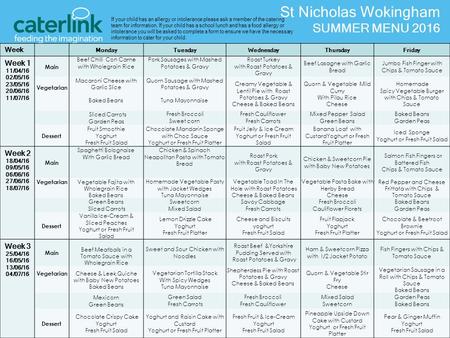 Week MondayTuesdayWednesdayThursdayFriday Week 1 11/04/16 02/05/16 23/05/16 20/06/16 11/07/16 Main Beef Chilli Con Carne with Wholegrain Rice Pork Sausages.