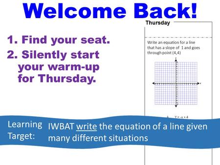 Thursday Write an equation for a line that has a slope of 1 and goes through point (4,4) A.Y = -x + 4 B.Y = x + 4 C.Y = x D.Y = -x 1. Find your seat. 2.